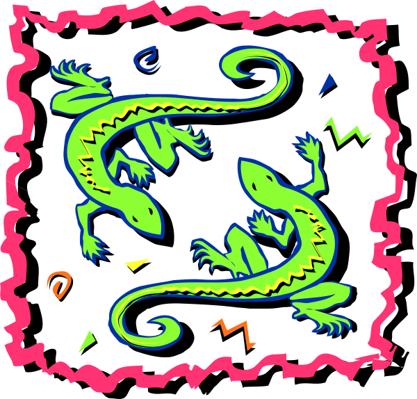 The image shows a colorful illustration of two lizards with long tails on an abstract background featuring geometric shapes in various neon shades such as pink, blue, green, yellow, red, black and white.