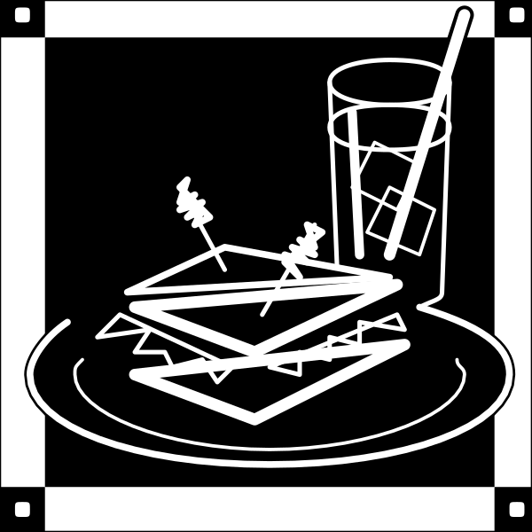 The black and white illustration shows a plate with two pieces of food that resemble sandwiches on it next to an open book lying flat in front of them; there is also what appears to be a glass cup, possibly containing liquid, positioned behind the sandwich slices at top left corner.