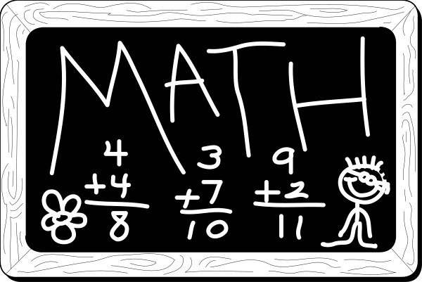 The blackboard contains handwritten mathematical equations with chalk writing that says "math" at top left corner.