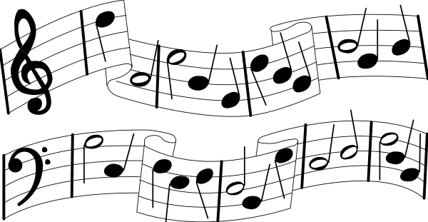 The black and white illustration shows a musical score with notes on staff lines against a gray background.