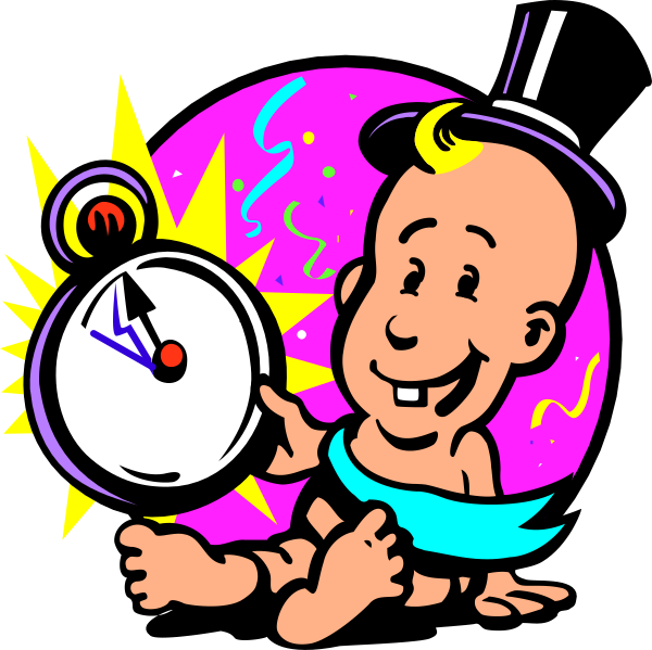 The illustration features a cartoon baby with blonde hair wearing an oversized top hat holding up a large clock that reads "10 seconds" while standing in front of colorful neon lights on what appears to be a stage, suggesting it's from a music album cover or similar promotional material.