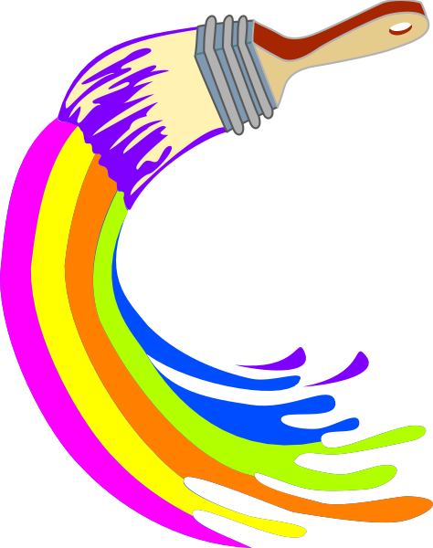 The image shows a colorful paintbrush with rainbow streaks emanating from it against a black background.