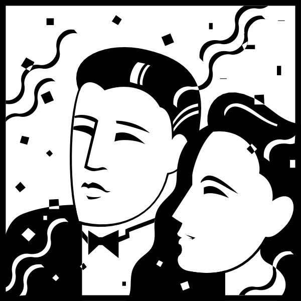 The black and white illustration shows a man and woman standing close to each other with their heads turned towards something off-frame; both individuals appear to be looking upwards as if at an event happening above them, possibly celebratory given the confetti around them.