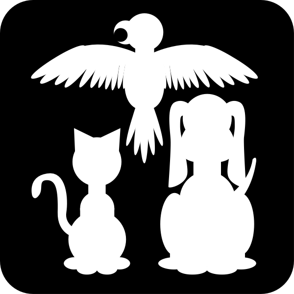 The black and white silhouette of a bird (parrot), cat, girl with ponytail holding an object that resembles a heart-shaped lollipop, and another figure standing next to them all on what appears to be a dark background or surface.
