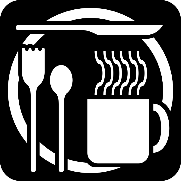 The black and white icon depicts a coffee cup with steam rising from it next to utensils like spoons, forks, knives, bowls, cups, wine glasses, plates, pizza slices, bacon strips, eggs, toast, pancakes, hot dogs, hamburgers, fries and other food items.