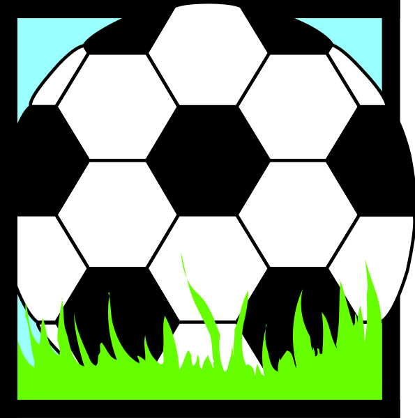 The image shows a soccer ball with hexagonal panels on top of grass against a blue sky background; there is no text present in this clip-art illustration.
