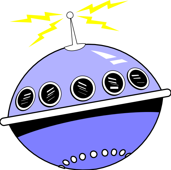 The illustration shows a cartoon depiction of an alien spacecraft with multiple windows on its side flying above what appears to be Earth's atmosphere at nighttime.