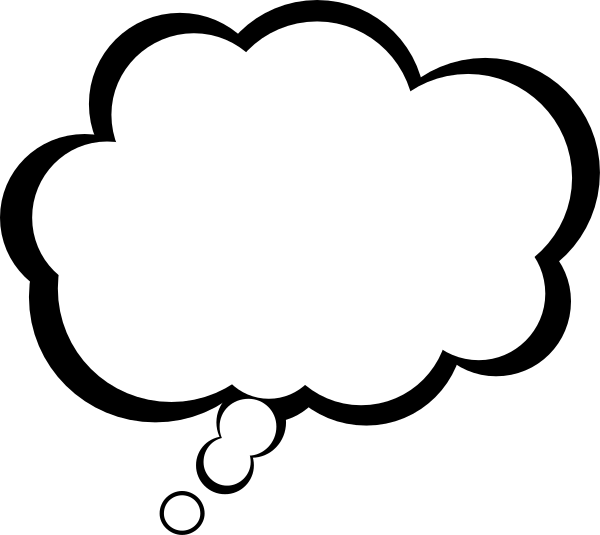 The image shows a black thought bubble with white border containing an exclamation mark inside it against a dark background.