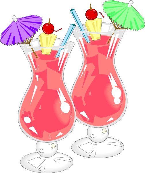 The image shows two tall glasses filled with a red beverage topped with straws and garnished with slices of fruit on top, each accompanied by an umbrella in shades of purple, blue, green, yellow, orange, pink, white, black, gray, brown, cream color.
