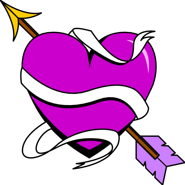 The image shows a purple heart with an arrow through it tied to two ribbons on either side of its top edge; there is no background detail provided in this description.