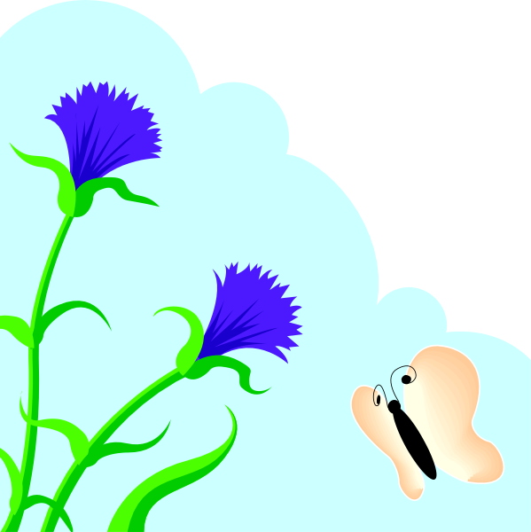 The image shows a cartoon of two flowers with purple petals against a black background on top left corner; below them is another flower in full bloom at bottom right corner.