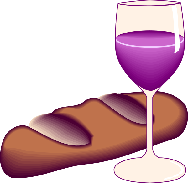 The image shows a slice of bread with two pieces missing on top left corner next to an empty wine glass placed horizontally in front of it; there is also another piece of bread lying flat beside them both, and all three slices appear similar but one has been partially eaten from the middle.