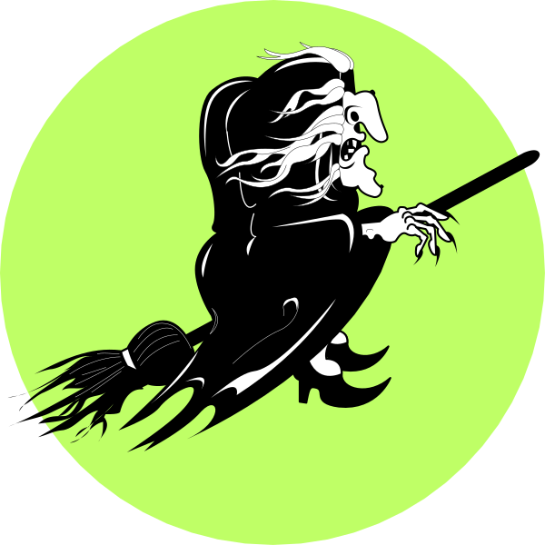 The image shows a witch riding on a broomstick with an ominous expression against a green background.