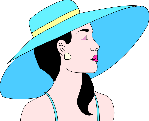 The image shows a stylized illustration of an elegant woman wearing a blue hat with a wide brim, standing against a dark background that has vertical lines suggesting depth.