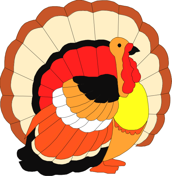 The image shows a colorful illustration of two turkeys with different feather patterns: on the left is an orange-brown bird standing upright in front of its tail fan; to the right stands another, larger turkey facing forward and displaying more detailed plumage including reds, browns, yellows, blacks, whites. The background features a simple outline depicting autumn leaves with shades of yellow and orange blending into each other at the bottom edge of the image.