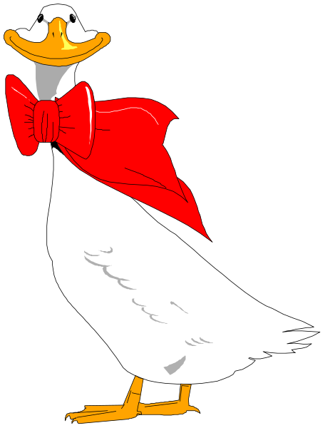 The image shows a cartoon duck with red hair standing upright on two legs wearing an oversized bow tie and cape in front of it.