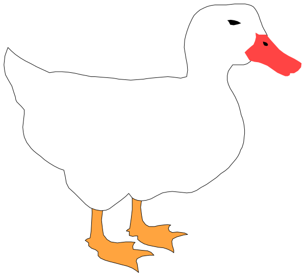 The image shows a cartoon of an orange duck with red eyes standing on two legs against a black background.
