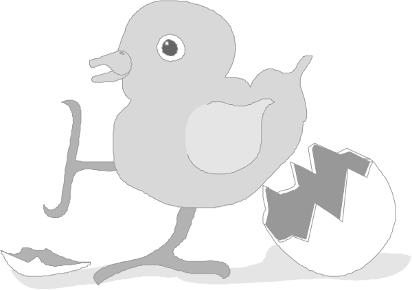 The black and white cartoon shows a bird sitting on an egg with its beak open as if it's about to hatch out of it; there is also another smaller image within this one showing two birds, possibly parental figures, standing behind their offspring in front of the same cracked egg.