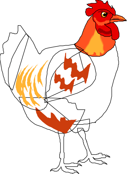 The image shows a cartoon rooster with an orange comb standing on what appears to be a black surface against a dark background.