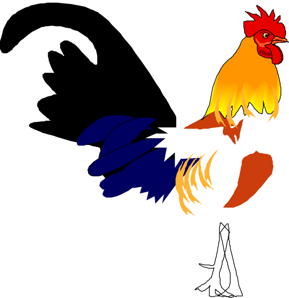 The image shows a stylized graphic of two roosters with flames on their heads against a black background; each bird has one wing raised as if in flight.