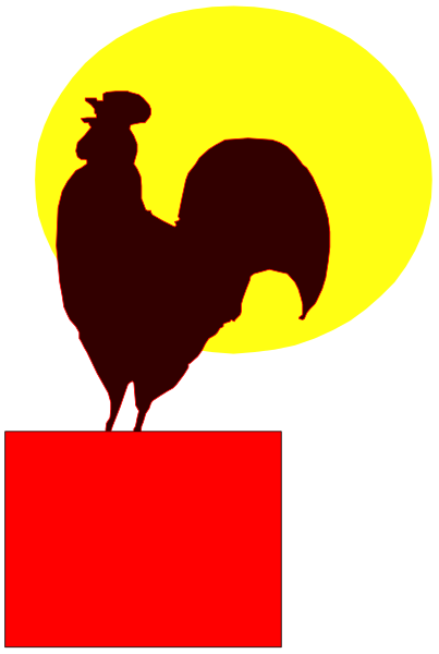The image shows a cartoon of an orange chicken with its head inside what appears to be a red box on top of another smaller one; in front is a yellow sunset background featuring silhouettes of trees, and there's also a small black bird flying above it all.