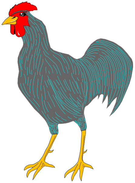 The image shows a cartoon rooster standing on two legs with its wings tucked into itself against a black background.