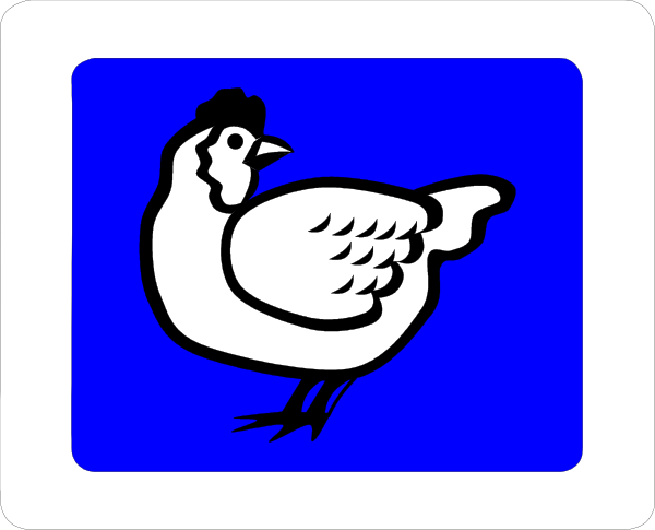 The image shows a blue sign with an illustration of a white chicken on it against a gray background; there is also another smaller square graphic to its right that appears to be part of a larger design but only this portion can be seen, and no details about what's in it are provided due to the limitations.