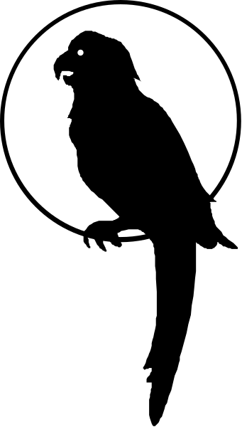 The image shows a black silhouette of an eagle on top right corner against white background with moon crescent in bottom left corner.