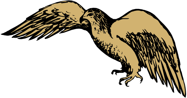 The black and white silhouette of an eagle with wings spread wide against a dark background.