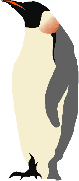 The image shows a penguin standing upright with its beak open against an abstract background that resembles watercolor brush strokes in shades of gray and black.