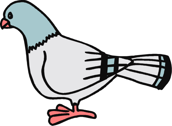 The image shows a cartoon of two birds: an ostrich with blue feathers on its body and wings, standing upright in front of another bird that appears to be sitting down; both have pink legs and feet.