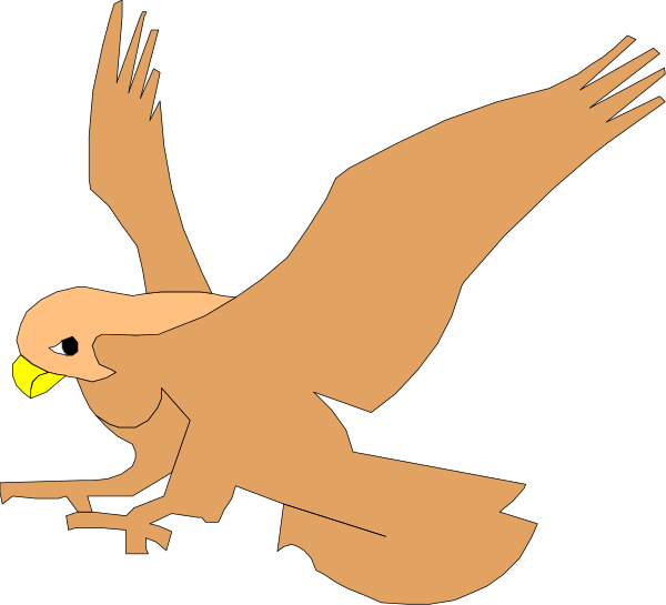The image shows two cartoon birds of prey flying side by side against a black background with white outlines; both have brown bodies and wings, yellow beaks, sharp talons on their feet, and one has an eye patch over its left eye.