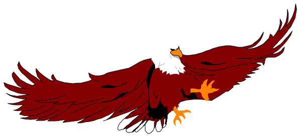 The image shows a red eagle with white wings standing on top of an American flag banner that has stars at each corner.