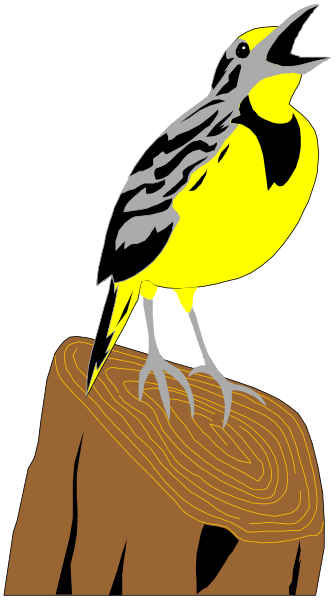 The image shows a cartoon bird perched on top of a wooden stump with its beak open as if singing.