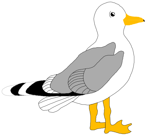 The image shows a cartoon of an adult seagull with its wings folded at rest standing on what appears to be land next to another bird that is flying away from it in flight mode.
