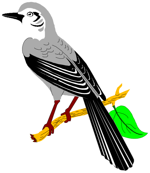 The black and white illustration shows a bird with an open beak perched on a branch that has two leaves attached to it; one leaf is green while the other appears damaged by fire.