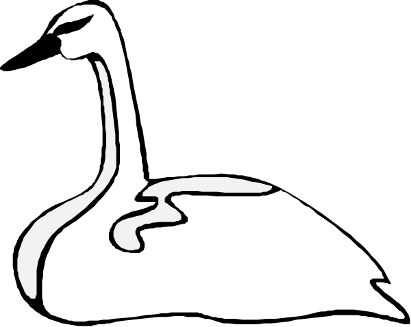 The black and white silhouette of a swan with its neck curved around another bird that appears to be an owl in flight against a dark background.