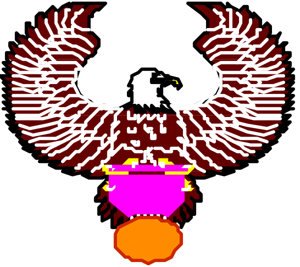 The image shows a pixelated eagle with wings spread wide against an orange background on top of what appears to be a shield-like emblem featuring two crossed swords in front of it.