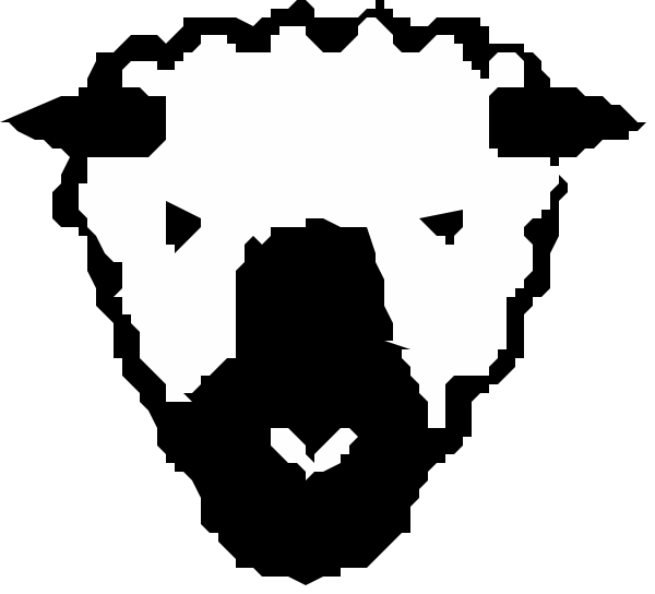 The image shows a black and white logo with an abstract design resembling a face on top of what appears to be stylized glasses frames at the bottom.