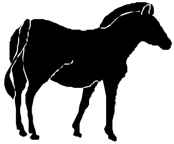 The black and white silhouette of a horse standing next to another smaller figure that appears humanoid but is likely an artistic representation rather than depicting any real person.
