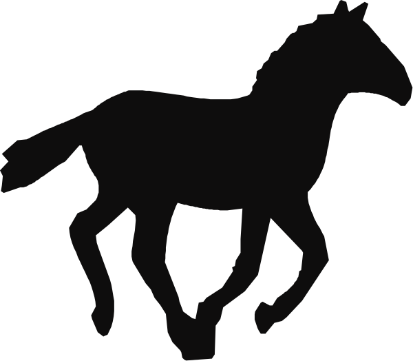 The black silhouette of a horse galloping on an unseen surface with its head turned to look back over its shoulder in front of what appears to be a dark background that could represent nighttime sky.