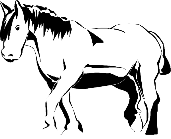 The black and white silhouette of a horse standing next to another smaller figure that appears humanoid but is actually an object designed for riding horses.