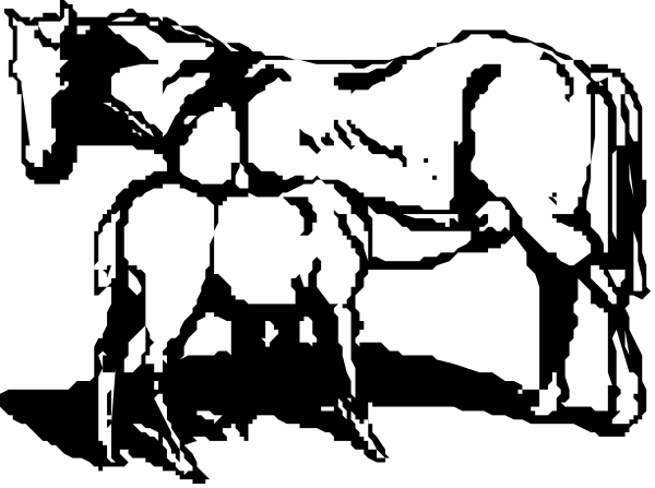 The black and white illustration shows a horse with two riders on its back; it's standing next to another smaller animal that appears to be an elephant carrying something in front of itself using its trunk, all set against what looks like a stylized background or border design.