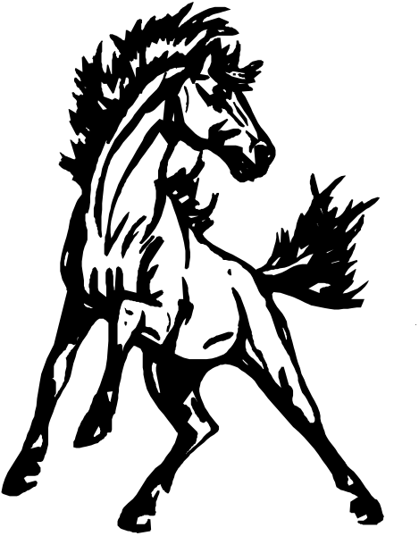 The black and white silhouette of a horse rearing up on its hind legs with an energetic posture against a dark background.