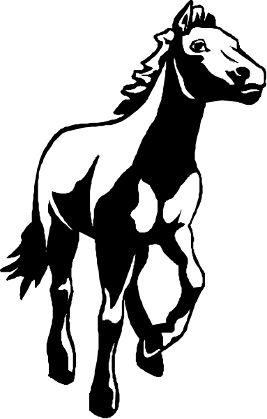 The black and white silhouette of a horse standing on its hind legs with front hooves raised against an abstract background that transitions from dark to light gray tones.