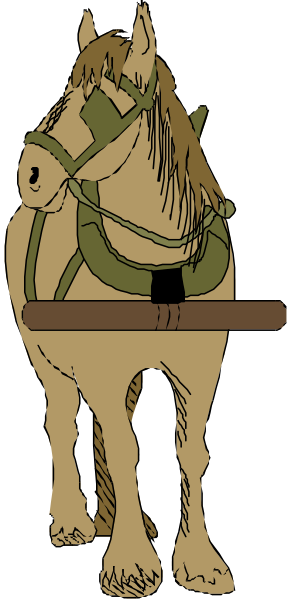 The illustration shows a brown horse with blinders on its eyes pulling an empty cart behind it; there is no rider visible in this image.