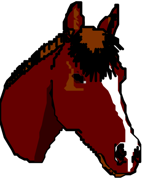 The image shows a pixelated horse's head with brown mane against a black background.