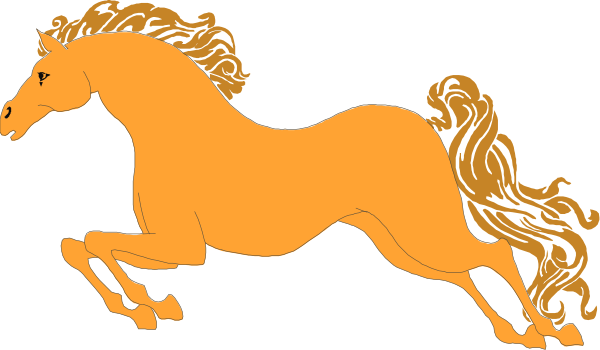 The image shows a black silhouette of an orange horse galloping to its right with flowing mane against a white background.