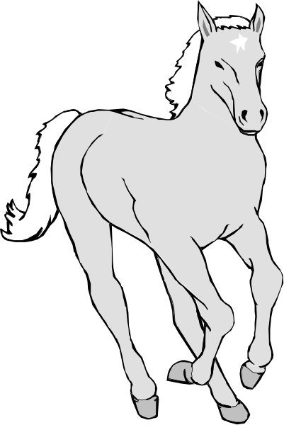 The black and white silhouette of a horse walking on its hind legs with an outline around it against a dark background.