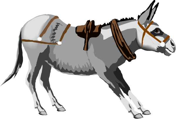 The image shows a cartoon donkey with saddlebags on its back walking forward against a black background.